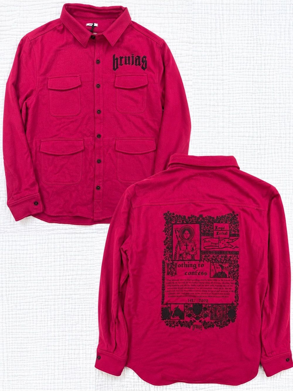 Hasta Brujas Magenta Wool Blend Gothic Graphic Overshirt Jacket L NWT